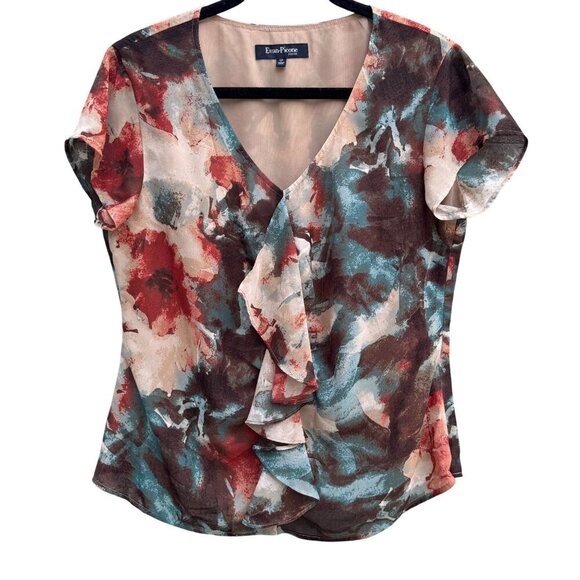 Evan-Picone Womens Red Floral Ruffle V-Neck Short Sleeve Lightweight Blouse 12P - Picture 1 of 8
